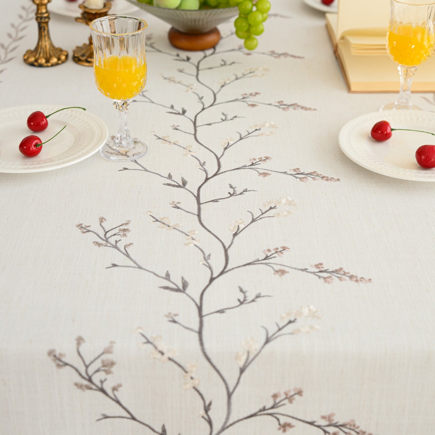 Cotton-Linen Embroidered Grey-beige Floral Tablecloth
