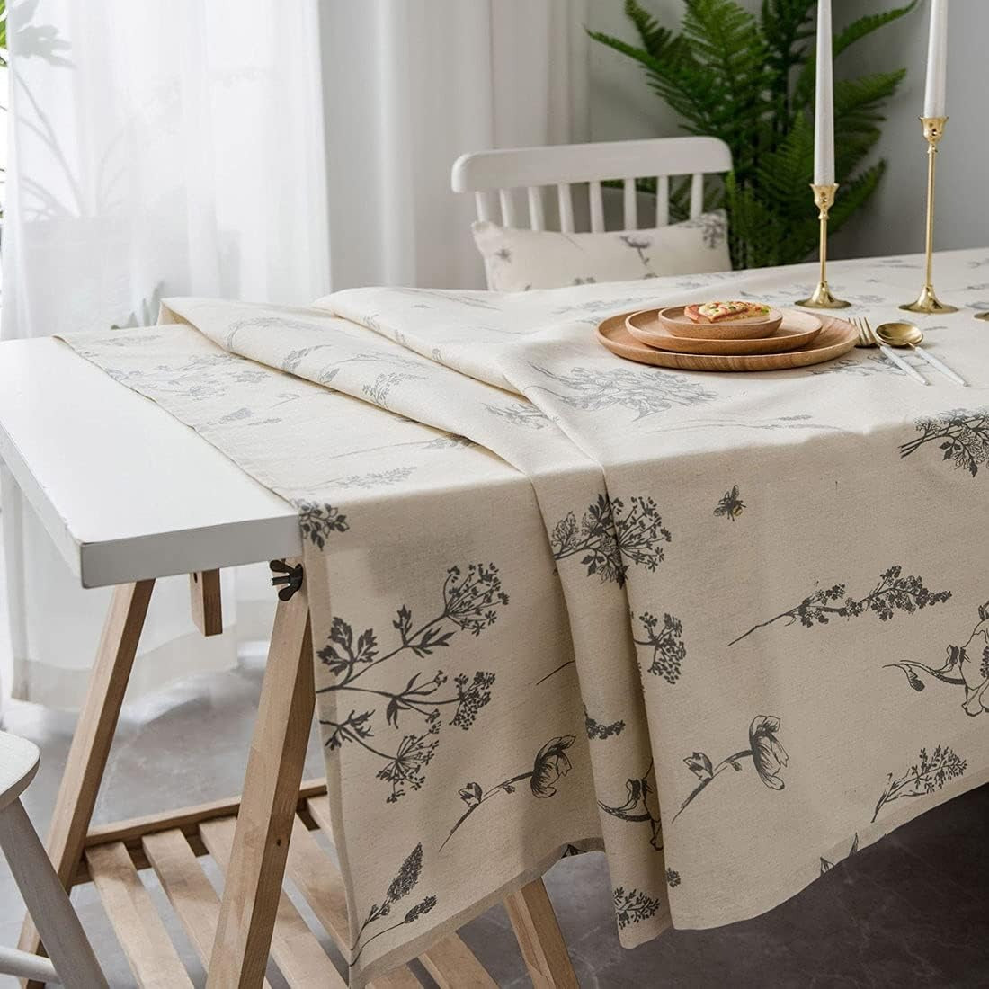 Cotton and linen black rose sketch print tablecloth