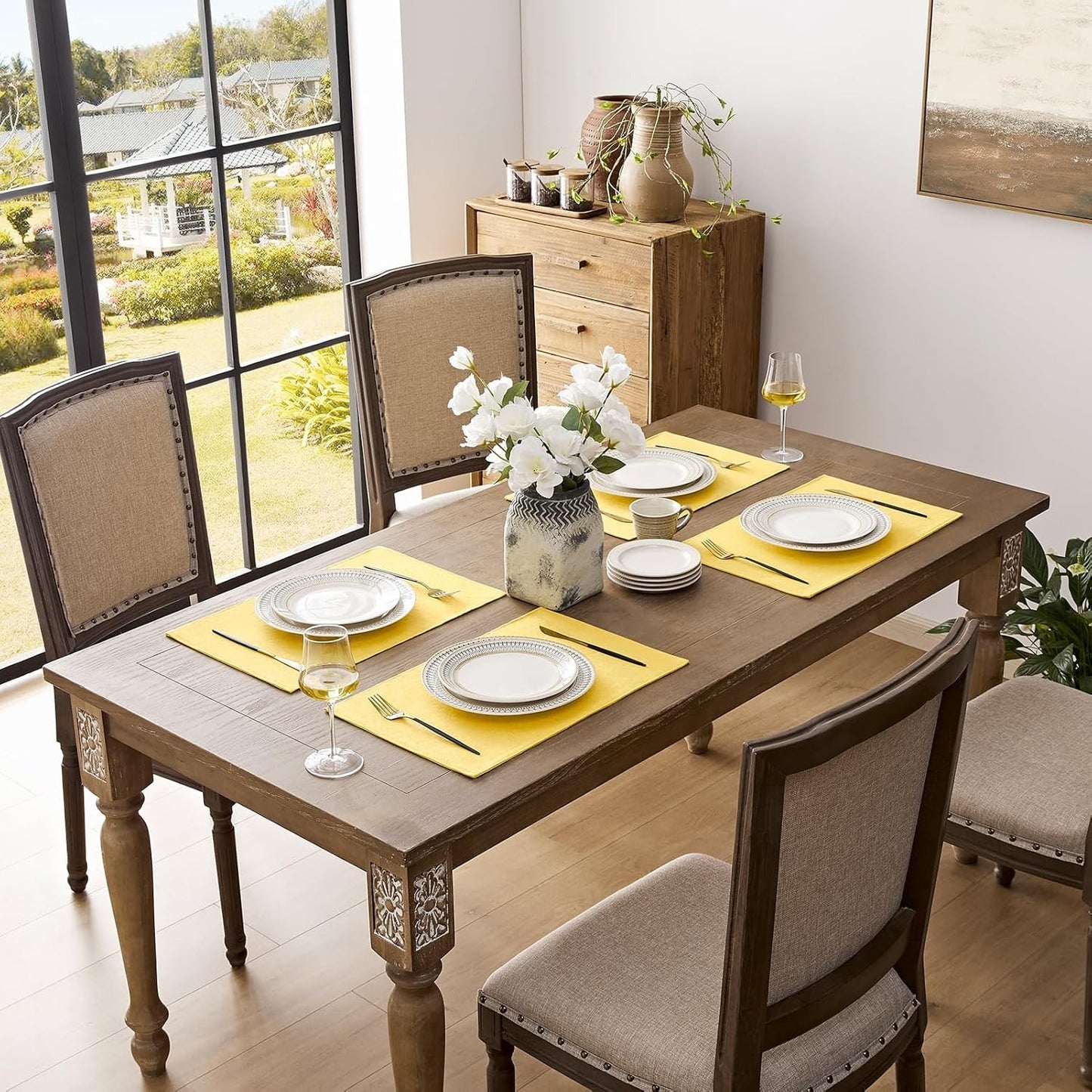 Polyester Burlap Waterproof Oil Resistant Wipeable Heat Resistant Placemats Set in Yellow