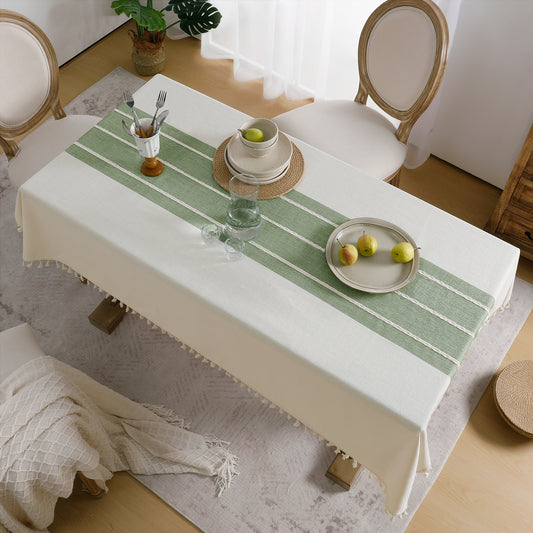 Wrinkle-Resistant and Waterproof Cotton Blend Tassel Tablecloth in Sage Lines
