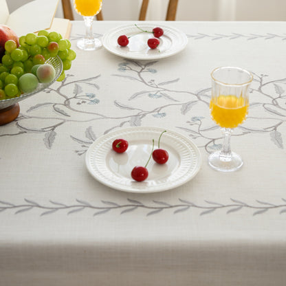 Polyester Embroidered Blue-coloured Fan-shaped Leaf and Floral Tablecloth
