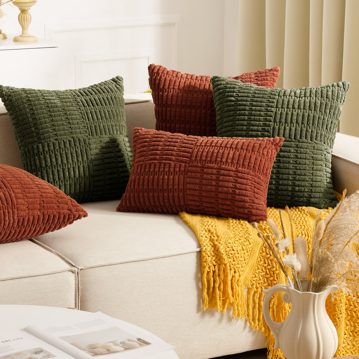 Soft Corduroy Puffy Irregularly Stripe Pattern Pillowcases in Rust