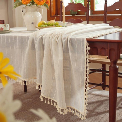 Polyester linen blend horizontal stripe tassel tablecloth