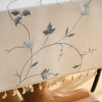 Polyester-Cotton Blend Embroidered Blue Branch Tablecloth