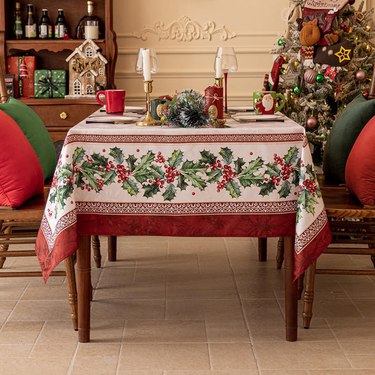 Jacquard-Woven Large Holly-Patterned Tablecloth with Border