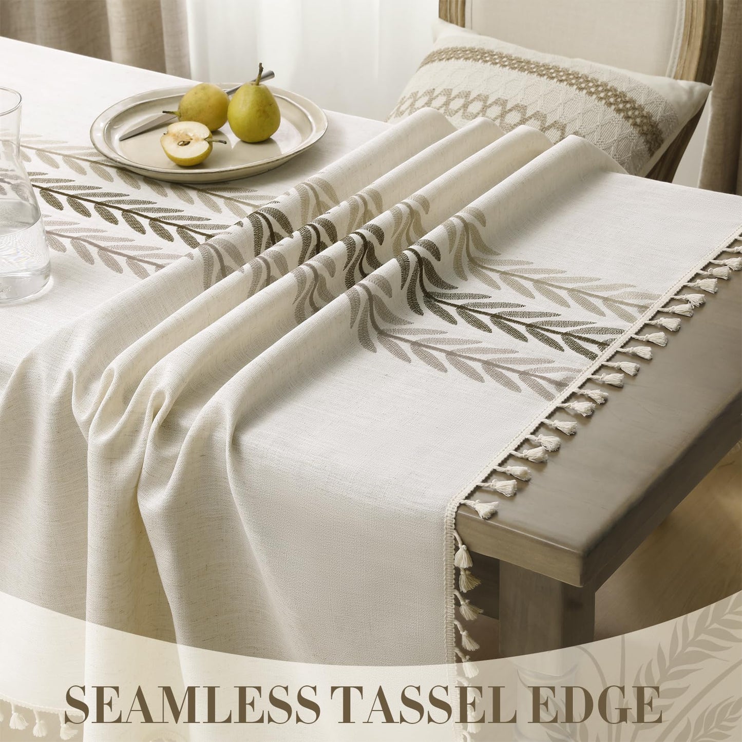 Wrinkle-Resistant Cotton Blend Classic Tassel Tablecloth in Wine Leaf