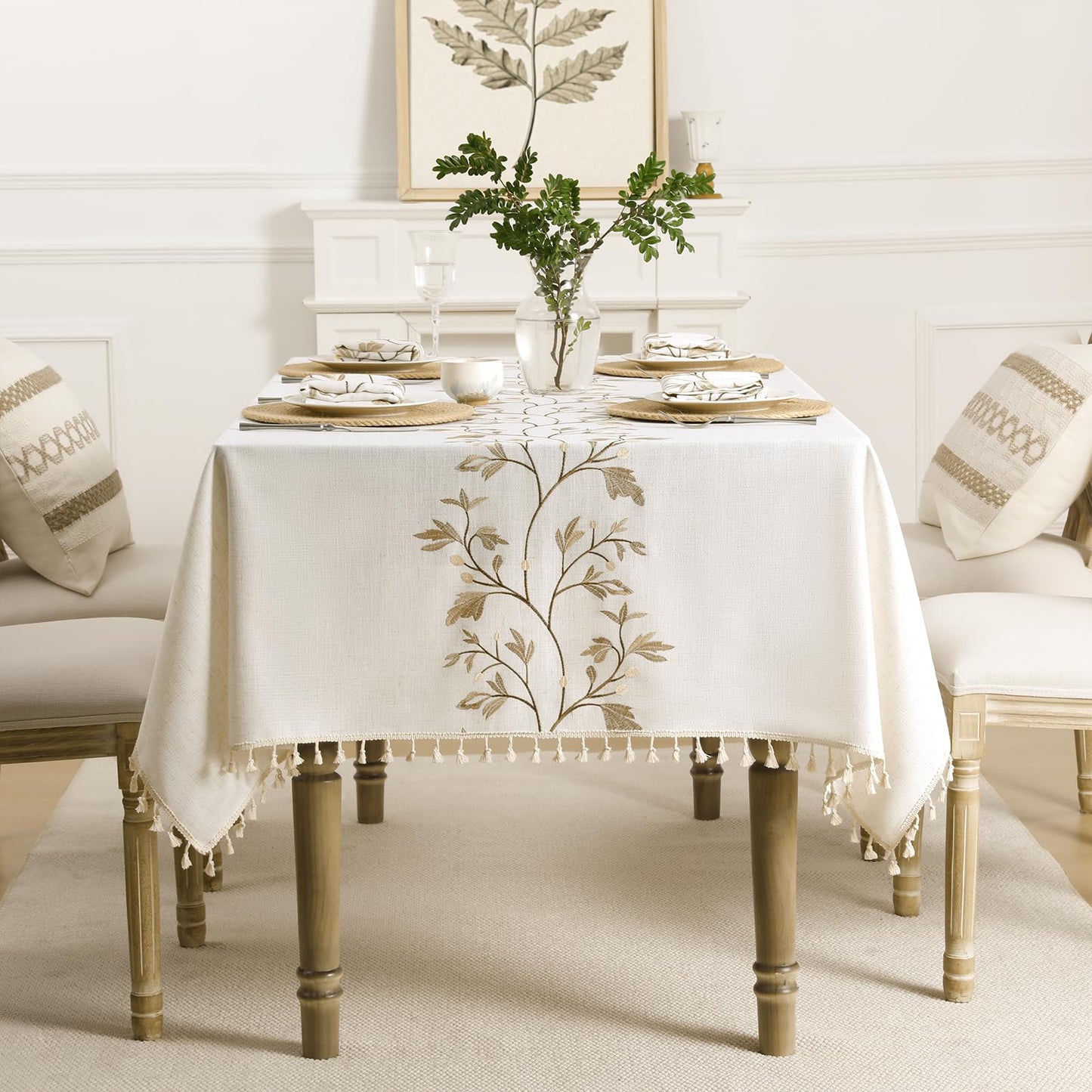 Polyester Branches Embroidery Tablecloth with Tassels in Gold