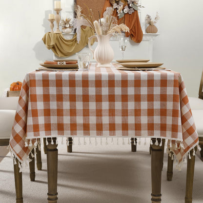 Wrinkle-Resistant Cotton Blend Classic Gingham Tablecloth with Tassels in Orange
