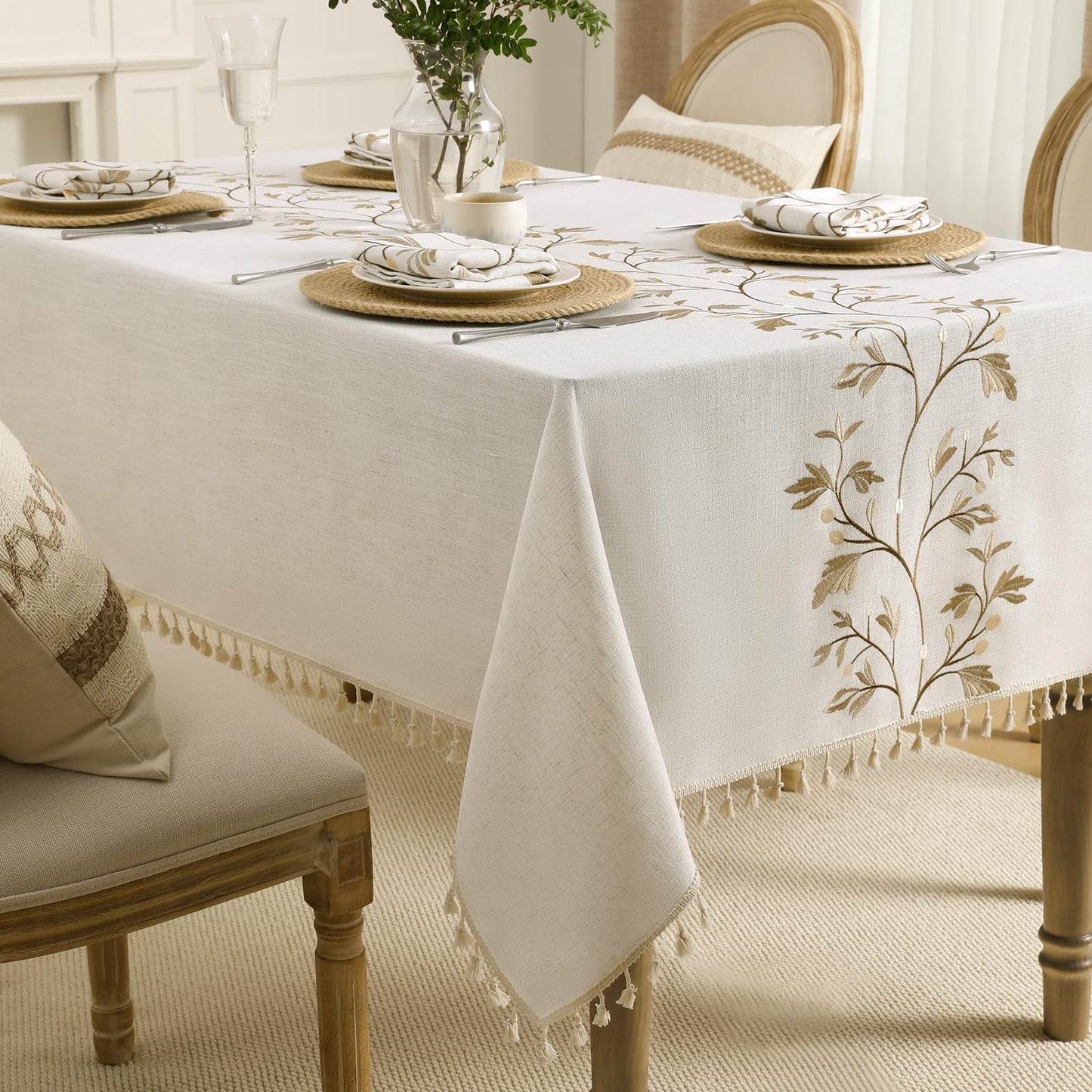 Polyester Branches Embroidery Tablecloth with Tassels in Gold