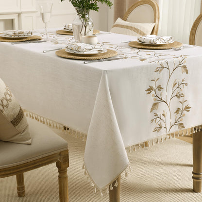 Polyester Branches Embroidery Tablecloth with Tassels in Gold