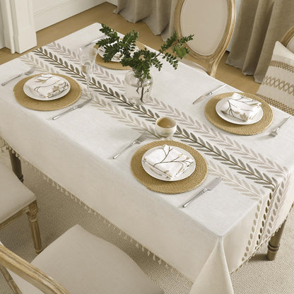 Wrinkle-Resistant Cotton Blend Classic Tassel Tablecloth in Wine Leaf