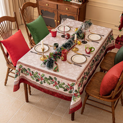 Jacquard-Woven Large Holly-Patterned Tablecloth with Border