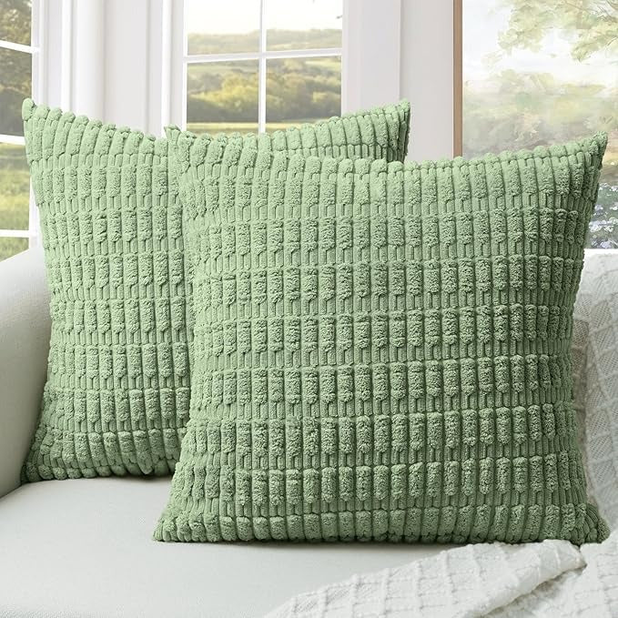 Soft Corduroy Puffy Stripe Pattern Pillowcases in Green
