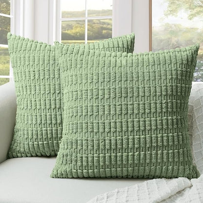 Soft Corduroy Puffy Stripe Pattern Pillowcases in Green