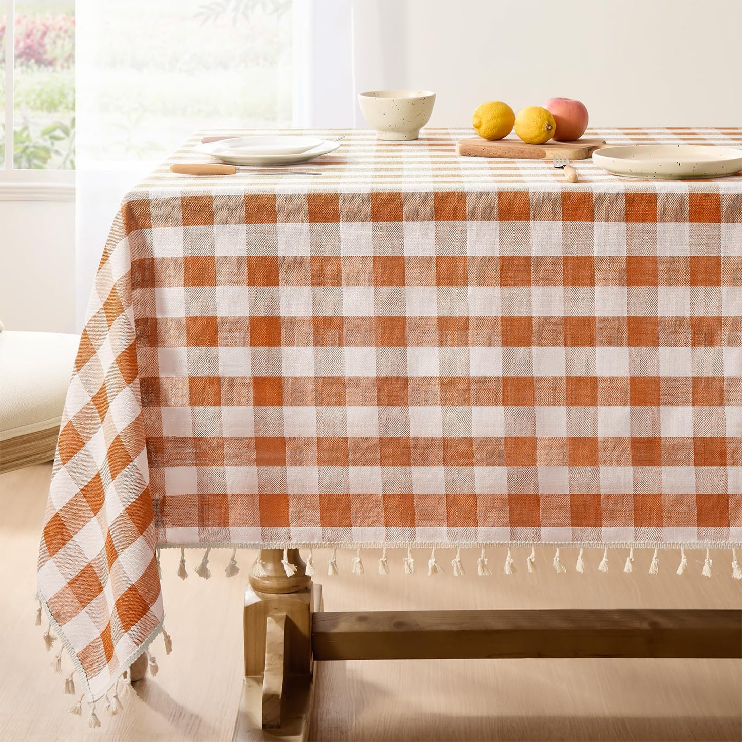 Wrinkle-Resistant Cotton Blend Classic Gingham Tablecloth with Tassels in Orange
