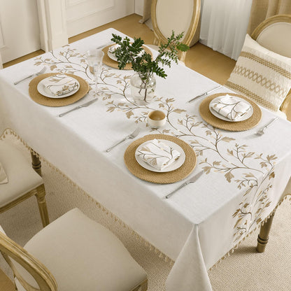 Polyester Branches Embroidery Tablecloth with Tassels in Gold