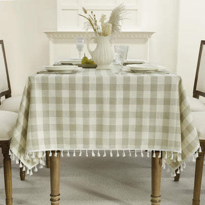 Wrinkle-Resistant Cotton Blend Classic Gingham Tablecloth with Tassels in Sagegreen