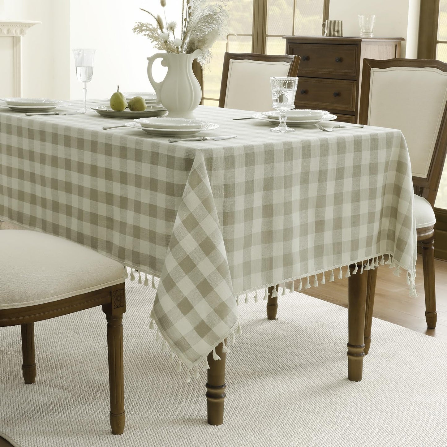Wrinkle-Resistant Cotton Blend Classic Gingham Tablecloth with Tassels in Sagegreen