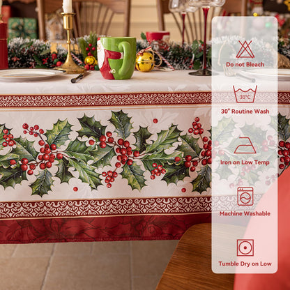 Jacquard-Woven Large Holly-Patterned Tablecloth with Border