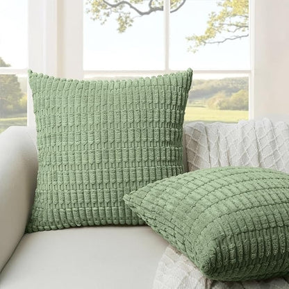 Soft Corduroy Puffy Stripe Pattern Pillowcases in Green
