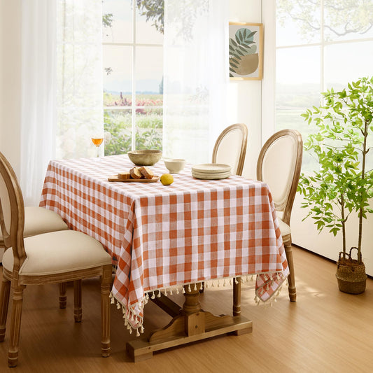 Wrinkle-Resistant Cotton Blend Classic Gingham Tablecloth with Tassels in Orange