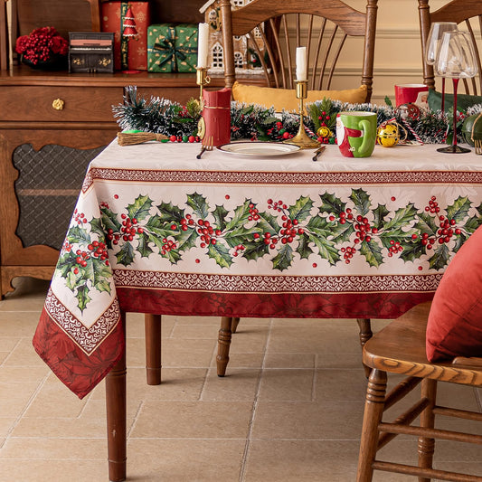 Jacquard-Woven Large Holly-Patterned Tablecloth with Border