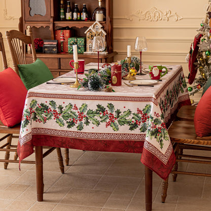 Jacquard-Woven Large Holly-Patterned Tablecloth with Border