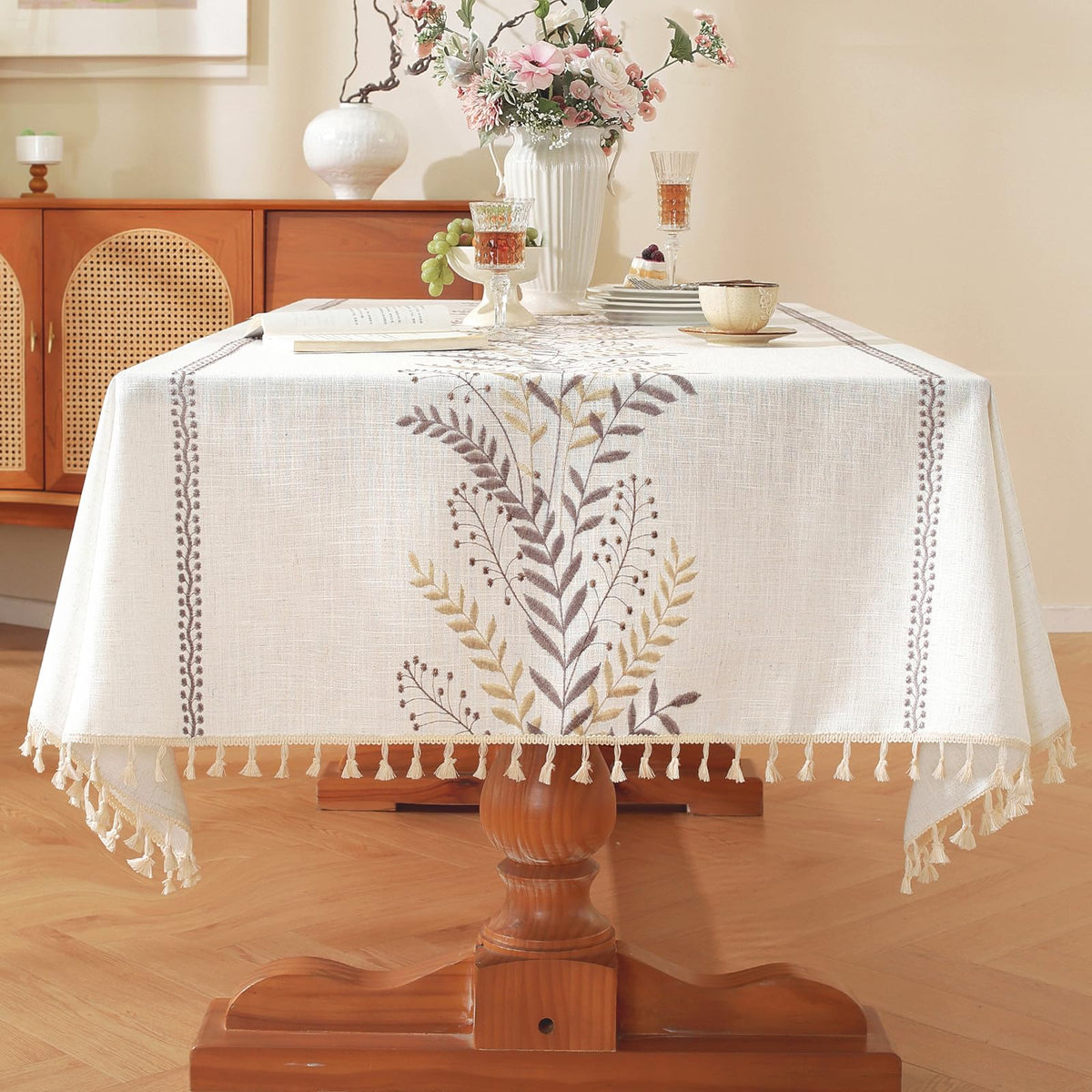 Cotton and Linen Gray Wheat Ear Embroidery Tablecloth with Tassels