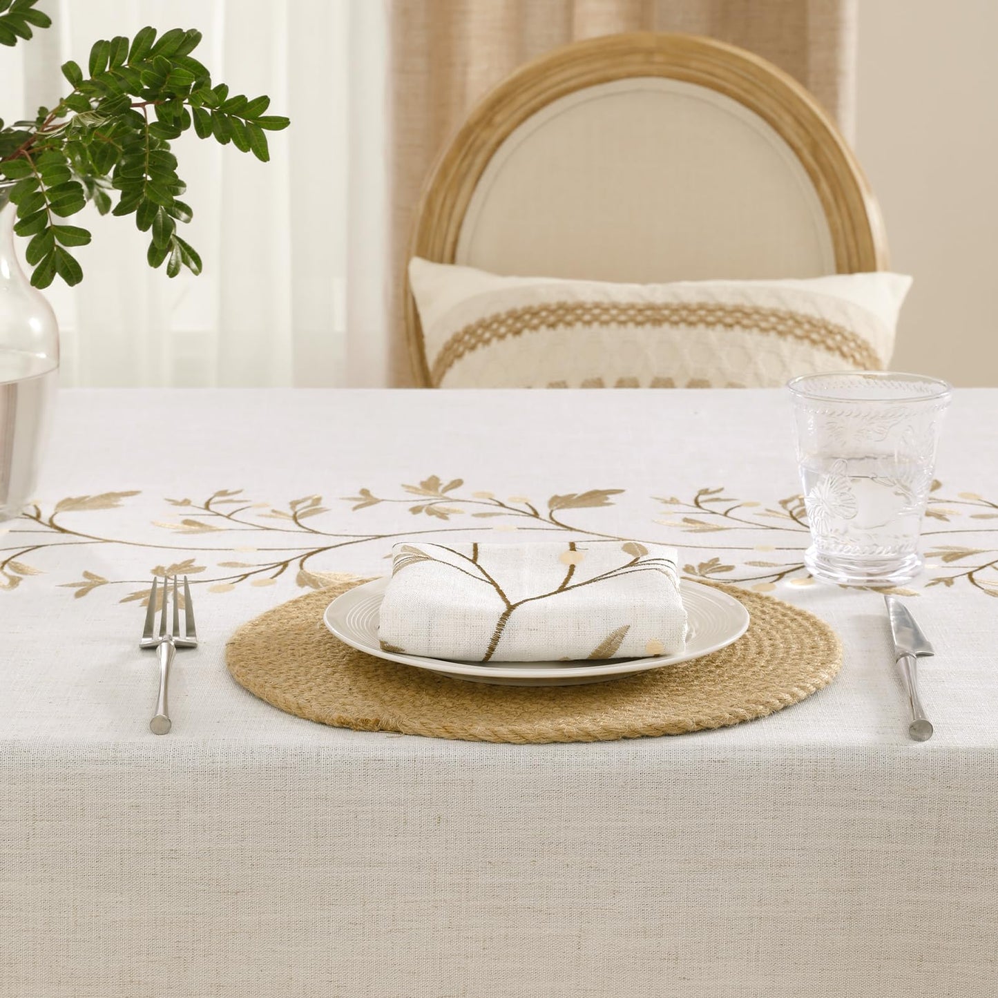 Polyester Branches Embroidery Tablecloth with Tassels in Gold