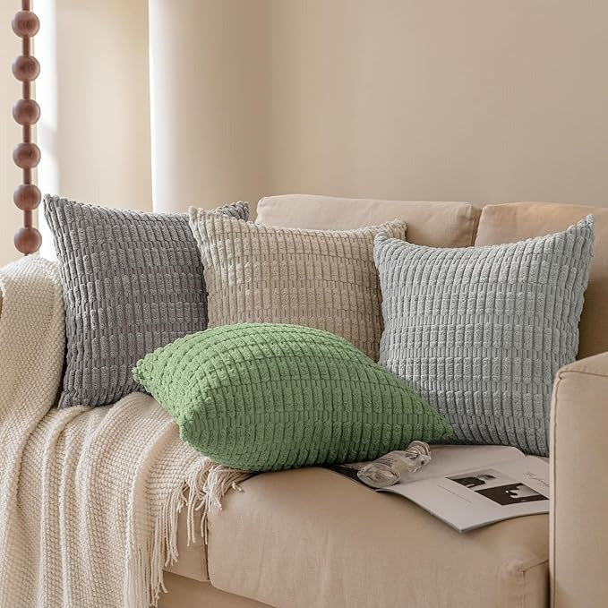 Soft Corduroy Puffy Stripe Pattern Pillowcases in Green