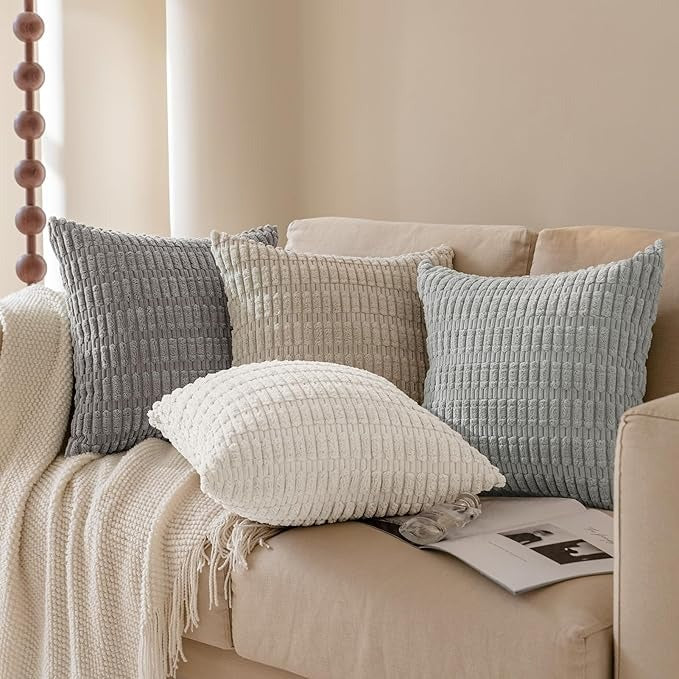 Soft Corduroy Puffy Stripe Pattern Pillowcases in Cream