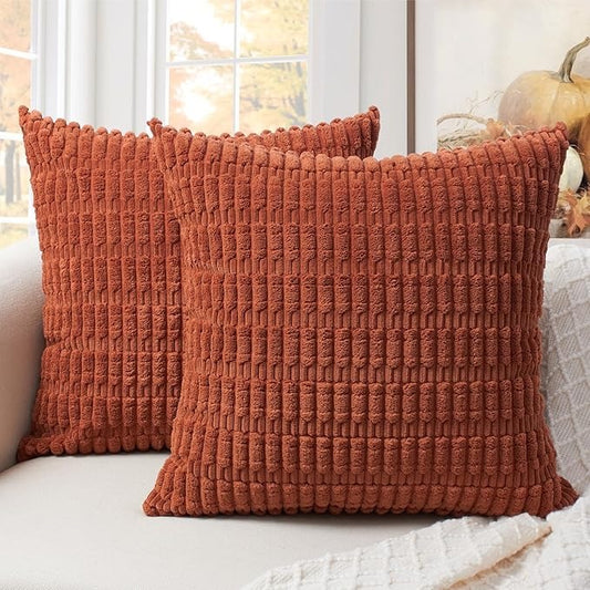 Soft Corduroy Puffy Stripe Pattern Pillowcases in Rust