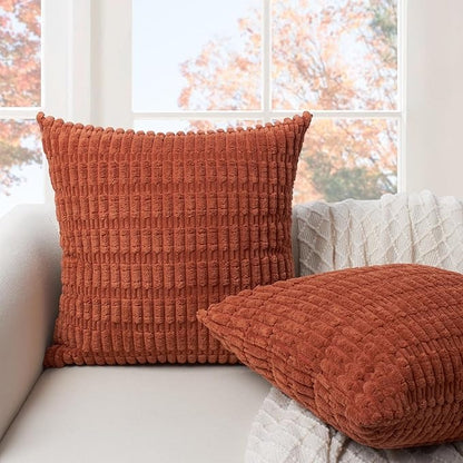 Soft Corduroy Puffy Stripe Pattern Pillowcases in Rust