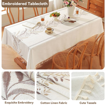 Polyester Gray Wheat Ear Embroidery Tablecloth with Tassels