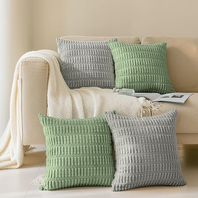Soft Corduroy Puffy Stripe Pattern Pillowcases in Green