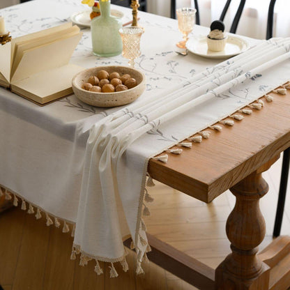 Cotton-Linen Embroidered Grey-blue Floral Tablecloth