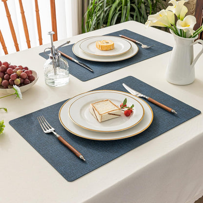 Polyurethane Linen-textured 100% Waterproof Oil-Proof Wipeable Heat Resistant Placemats Set in Navy Blue