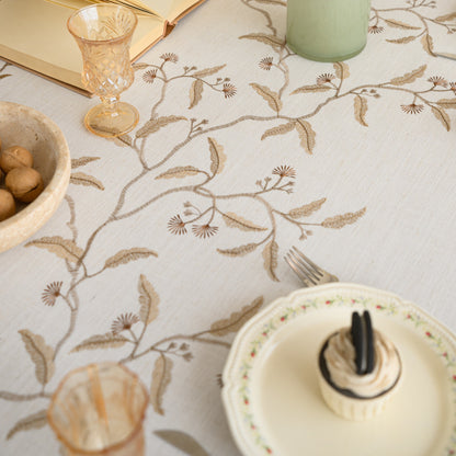 Polyester Embroidered Coffee-coloured Fan-shaped Leaf and Floral Tablecloth