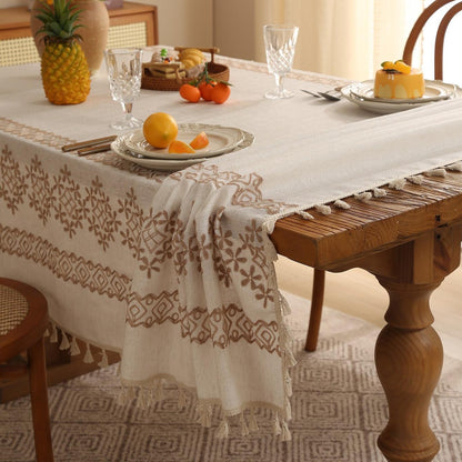 Polyester linen geometric side embroidered tablecloth