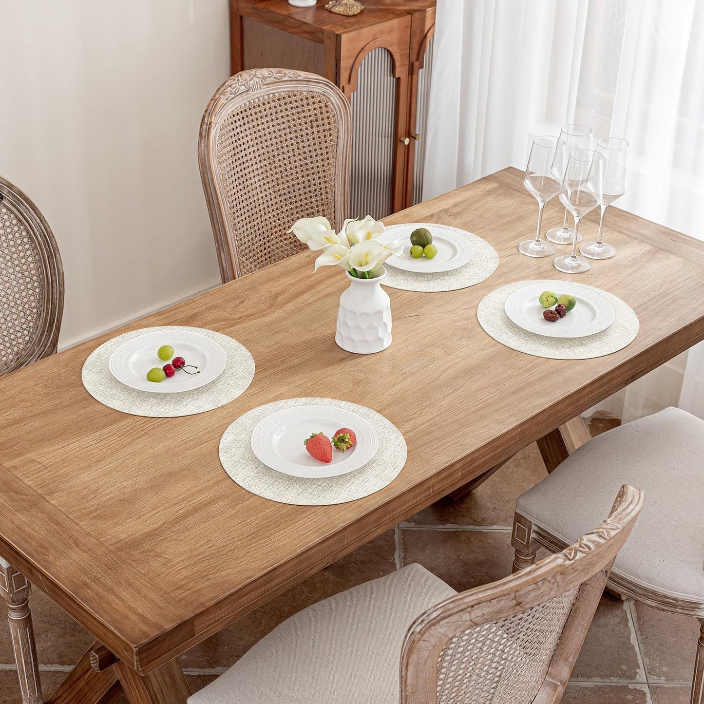 Polyurethane Linen-textured 100% Waterproof Oil-Proof Wipeable Heat Resistant Round Placemats Set in Beige