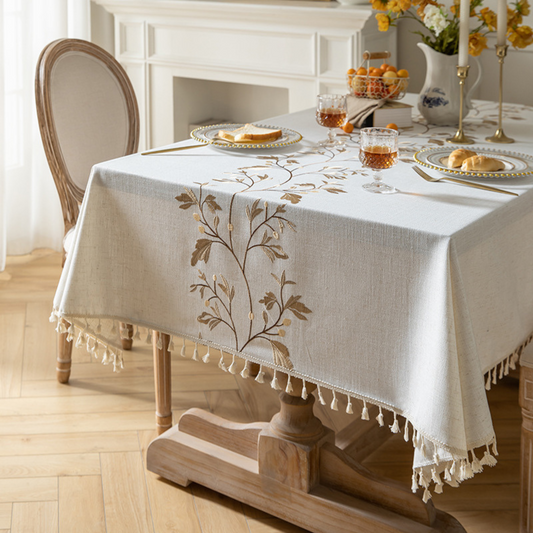 Polyester Branches Embroidery Tablecloth with Tassels in Gold