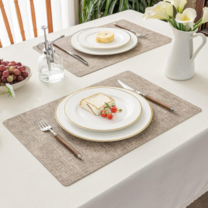 Polyurethane Linen-textured 100% Waterproof Oil-Proof Wipeable Heat Resistant Placemats Set in Khaki