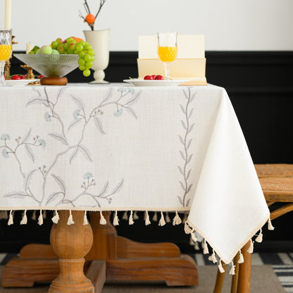 Polyester Embroidered Blue-coloured Fan-shaped Leaf and Floral Tablecloth