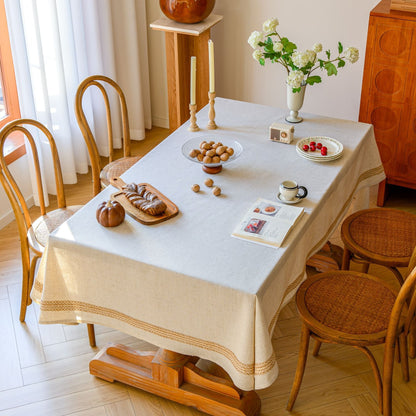 White Polyester Linen Tablecloth with Brown Lace