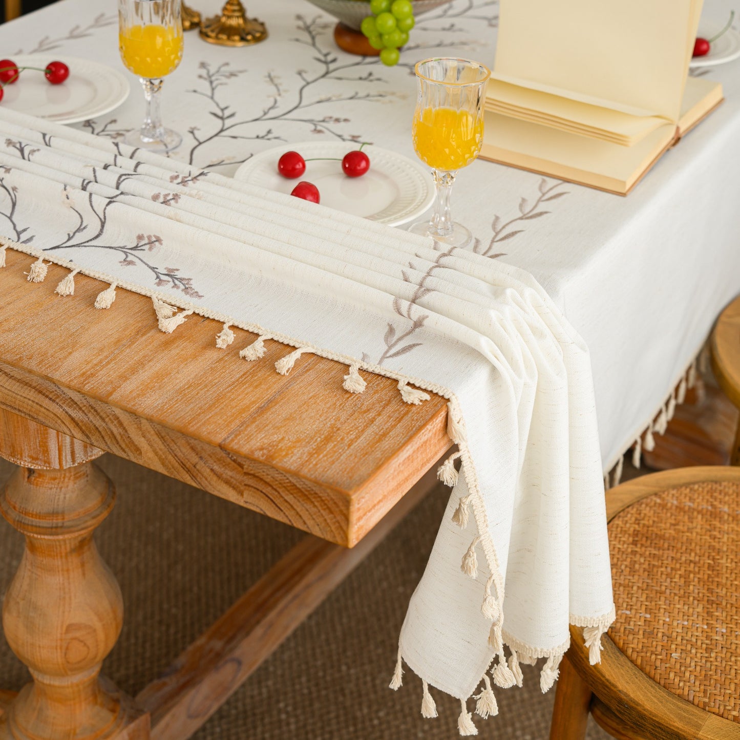 Cotton-Linen Embroidered Grey-beige Floral Tablecloth