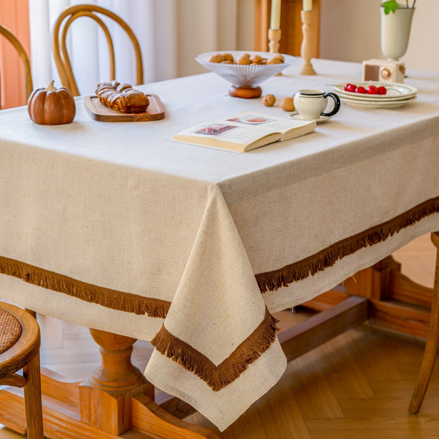 White Polyester Linen Tablecloth with Brown Tassel Lace