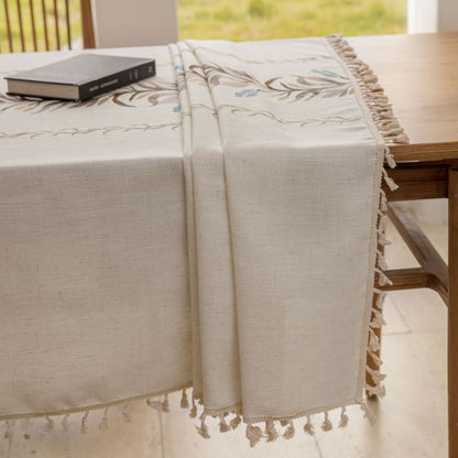 Polyester-Cotton Blend Embroidered Coffee Brown Banana Leaf Tablecloth