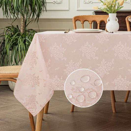 Polyester Jacquard Waterproof Elegant Damask Rose Floral Pattern Tablecloth in Light Pink