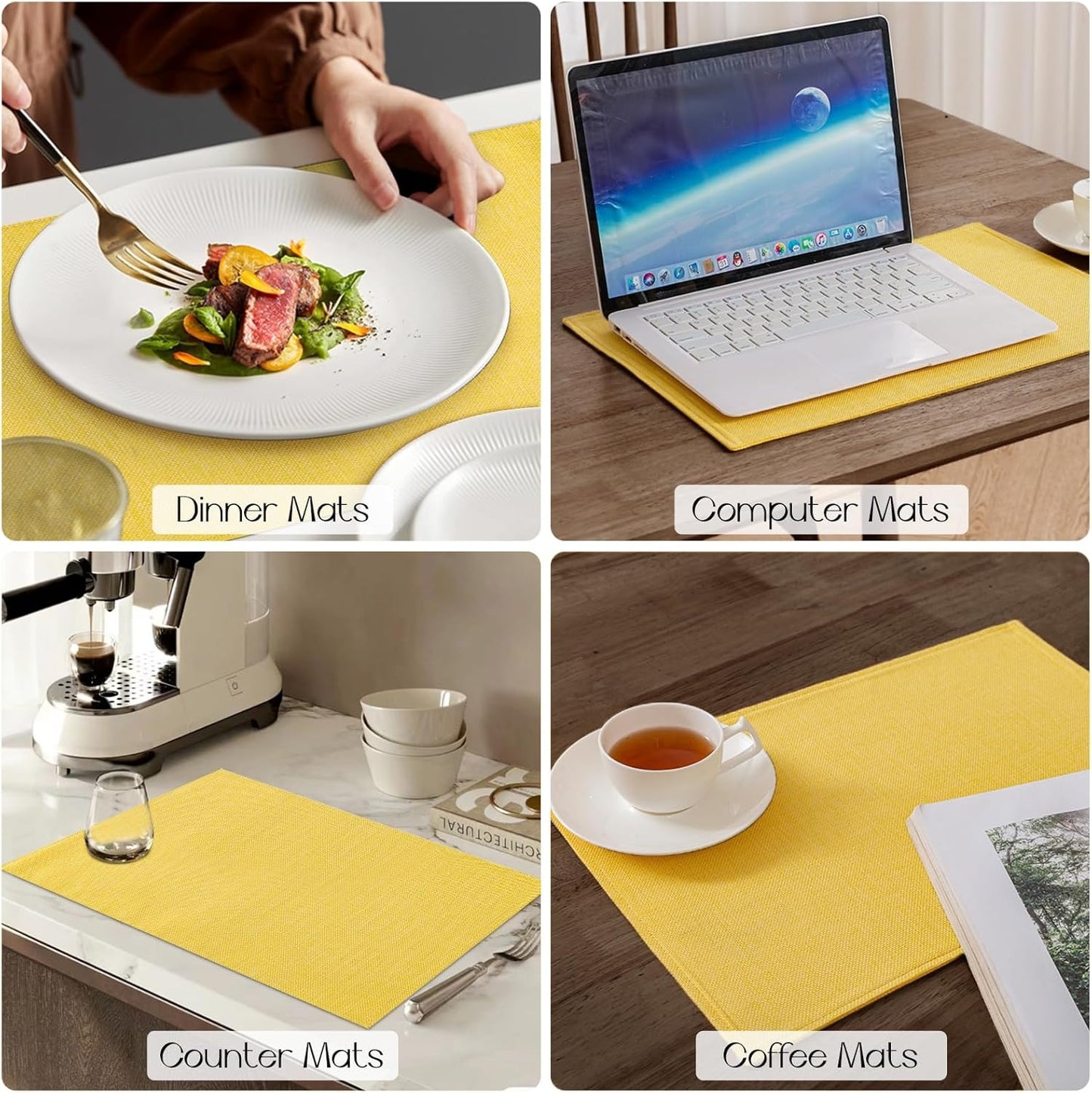 Polyester Burlap Waterproof Oil Resistant Wipeable Heat Resistant Placemats Set in Yellow
