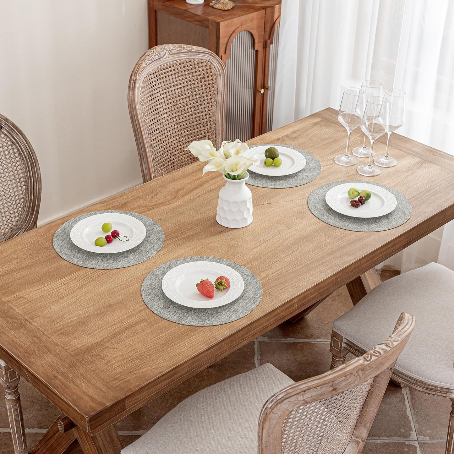 Polyurethane Linen-textured 100% Waterproof Oil-Proof Wipeable Heat Resistant Round Placemats Set in Light Grey